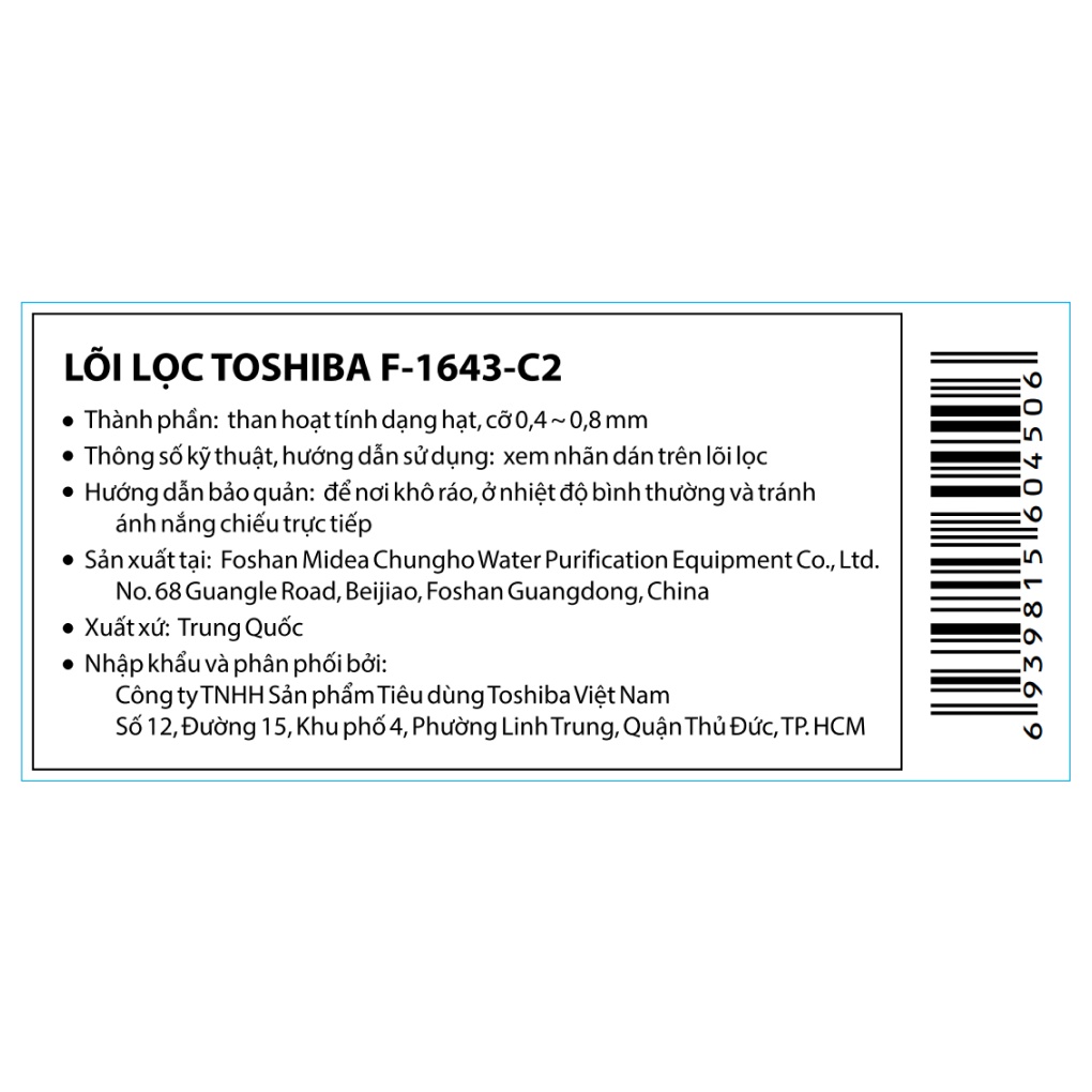 Lõi lọc nước số 4 Toshiba F-1643-C2. Thay cho máy lọc nước RO Toshiba TWP-W1643SV(W)