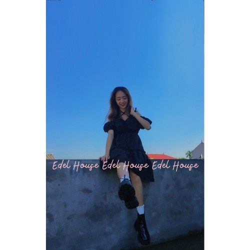 Váy đen dây ngực trễ vai buộc cổ Edel Có Ảnh Thật + Đánh Giá E122 | BigBuy360 - bigbuy360.vn