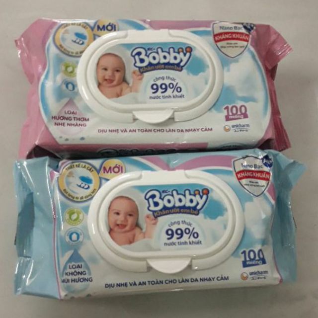 Khăn ướt bobby 100 tờ nano bạc kháng khuẩn