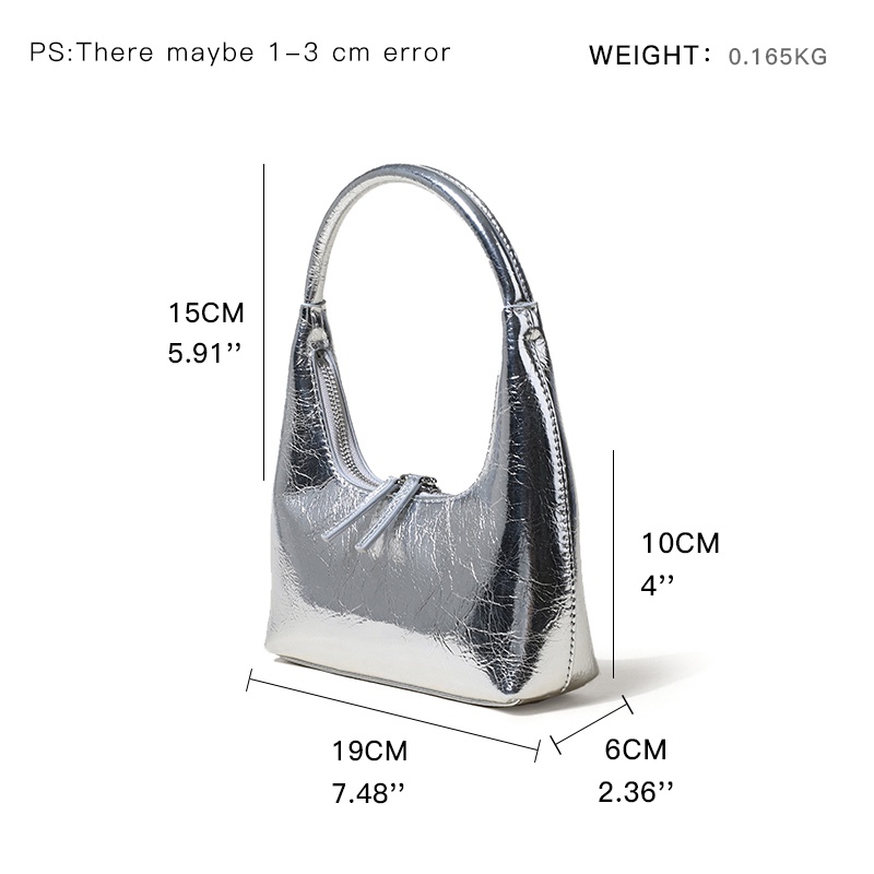 Túi Tote Nhỏ Đeo Dưới Cánh Tay/Đeo Vai Thiết Kế Vết Nứt Hình Bán Nguyệt Màu Bạc Thời Trang Cho Nữ
