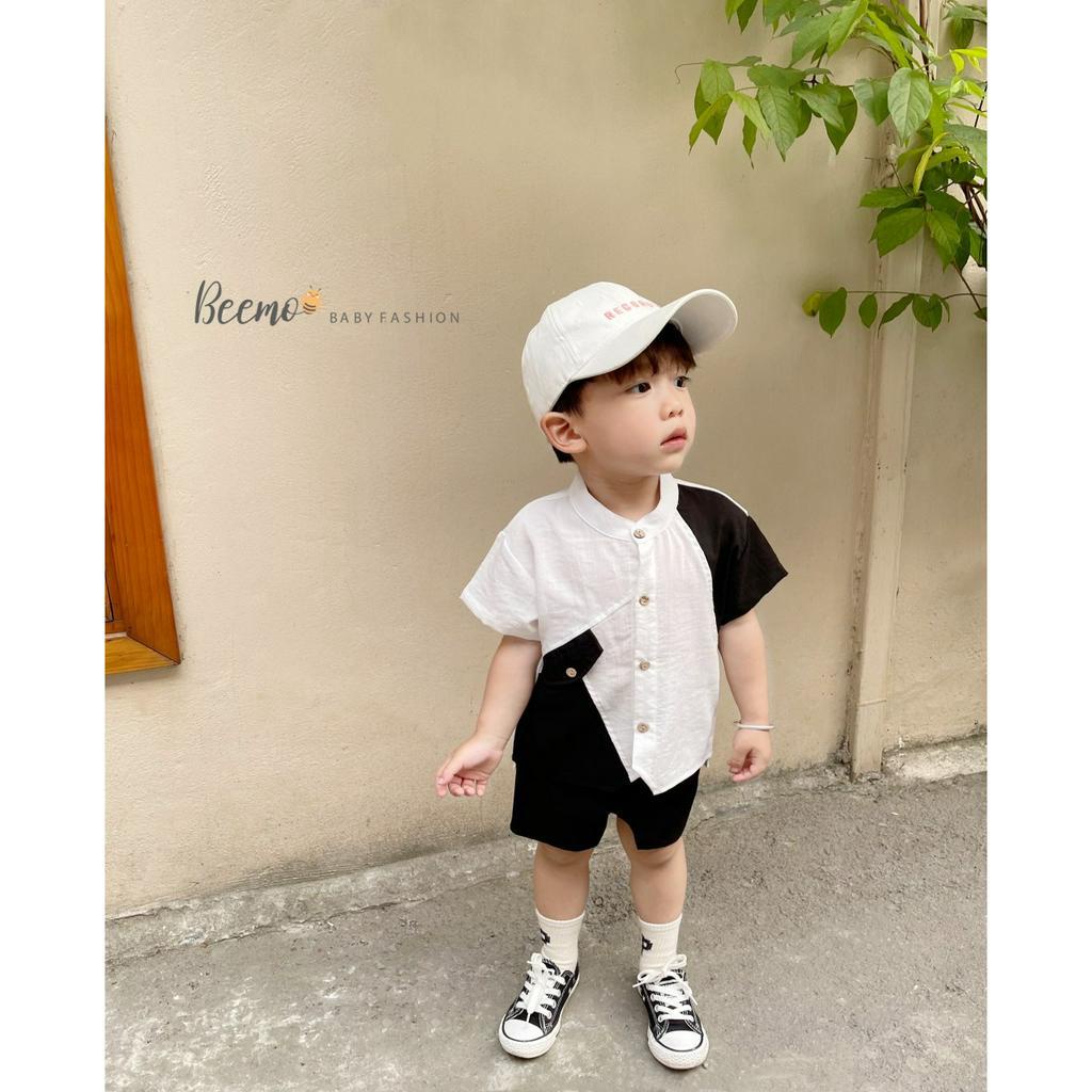 Set sơ mi phối tay thân chéo cá tính cho bé trai(9-23kg)