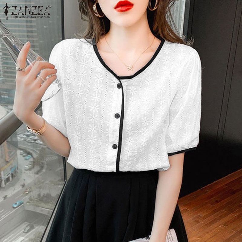 Zanzea Áo Kiểu Nữ Ngắn Tay Cổ Tròn Thêu Hoa Thời Trang