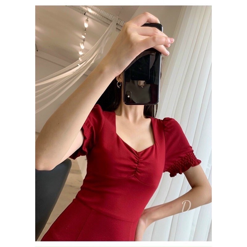 Đầm tay nhún thun xẻ tà 2 màu | BigBuy360 - bigbuy360.vn