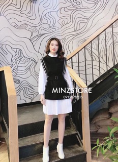 Set gile dạ viền váy sơ mi dập ly