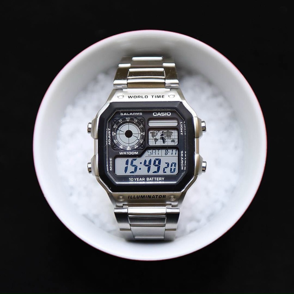 [HOT 2021]Đồng hồ nam Casio AE 1200-WHD classic chống nước , dây thép không gỉ (dây bạc mặt đen)