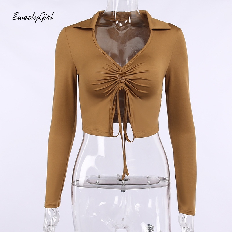 Áo croptop tay dài cổ chữ V xếp ly màu sắc ngọt ngào thời trang cho nữ