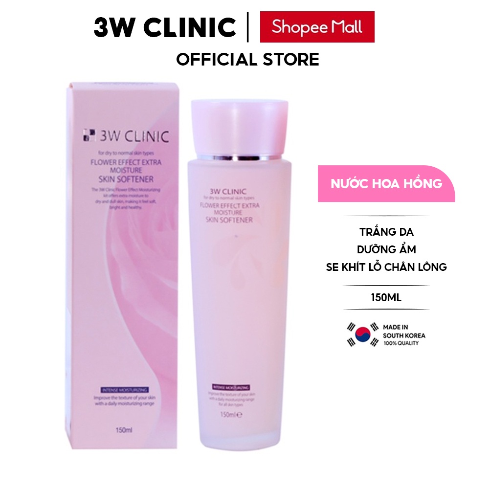 Nước Hoa Hồng Trắng Da Dưỡng Ẩm 3W CLINIC Hàn Quốc Chiết Xuất Từ Hoa Hồng Se Khít Lỗ Chân Lông Cải Thiện Lão Hóa 150ml