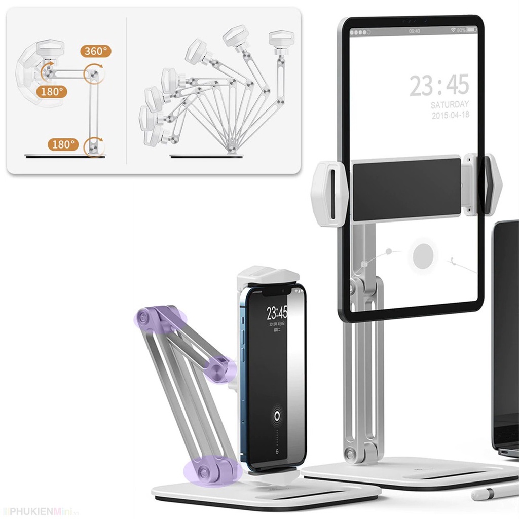 Giá đỡ iPad máy tính bảng bằng kim loại để bàn gấp gọn xoay dọc ngang, kẹp iPad mini 9.7in 10.2in 10.5in 11in 12.9 inch