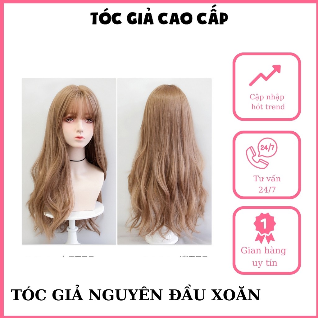 Tóc giả nữ nguyên đầu màu vàng tây, xoăn dài 60cm, c8136, tặng kèm lưới trùm.