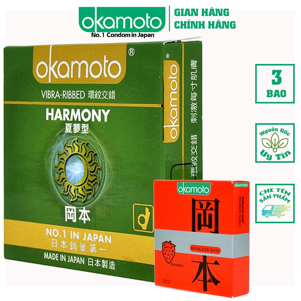 [ Tặng 1 Hộp BCS Hương Dâu 3 cái ] Bao Cao Su Okamoto Harmony Gân Sọc Hộp 3 Cái