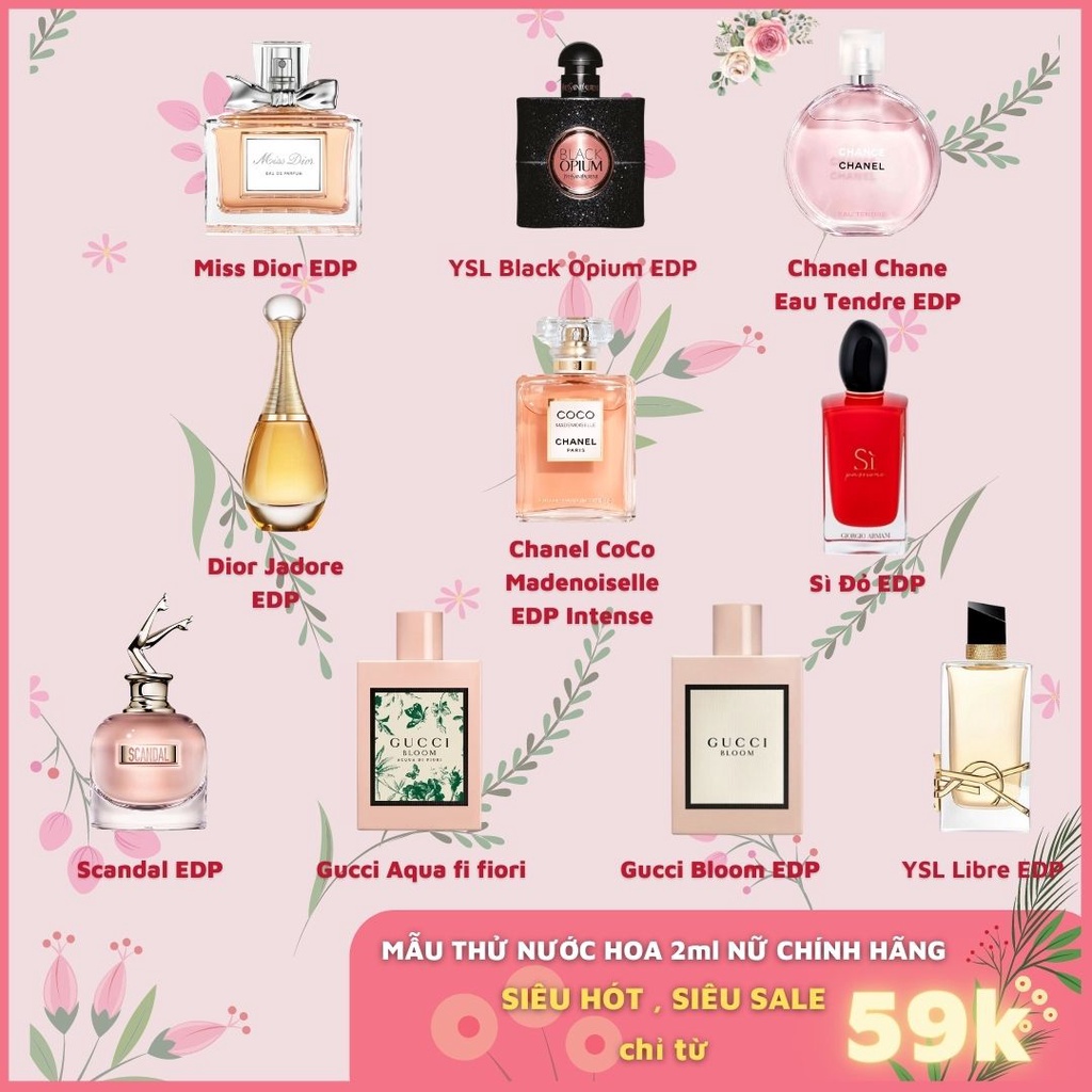 Mẫu thử nước hoa nữ chính hãng nhiều thương hiệu dung tích 2ml