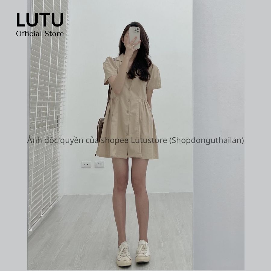 Váy sơ mi tay bồng chiết eo dáng chữ A chất mềm mát phong cách vintage