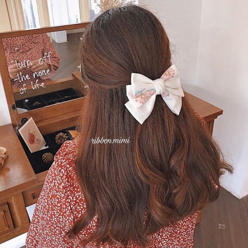 Kẹp Tóc Nơ Vải Hoa 3 tầng Handmade Cao Cấp Ribbon.mimi Vanilla cột / kẹp