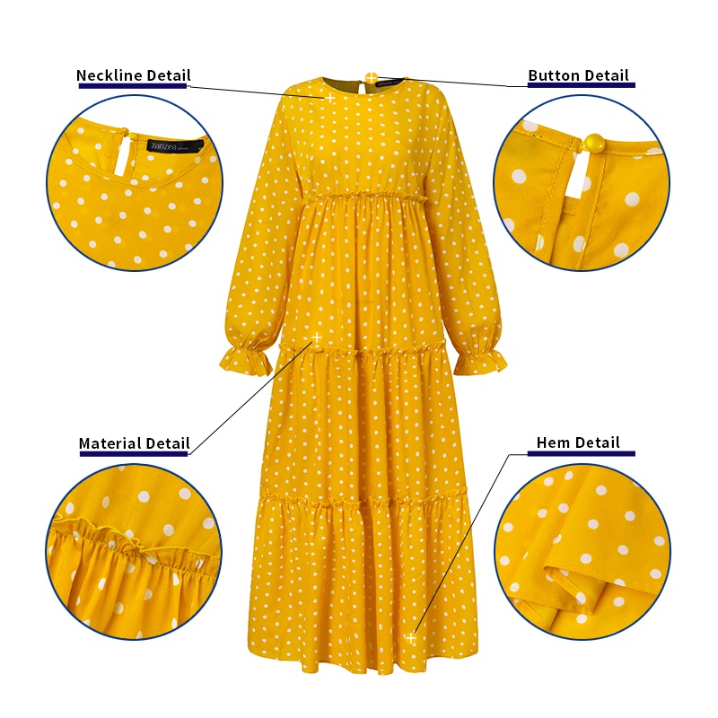 Đầm maxi ZANZEA tay dài ống loe họa tiết chấm bi thời trang dành cho bạn nữ