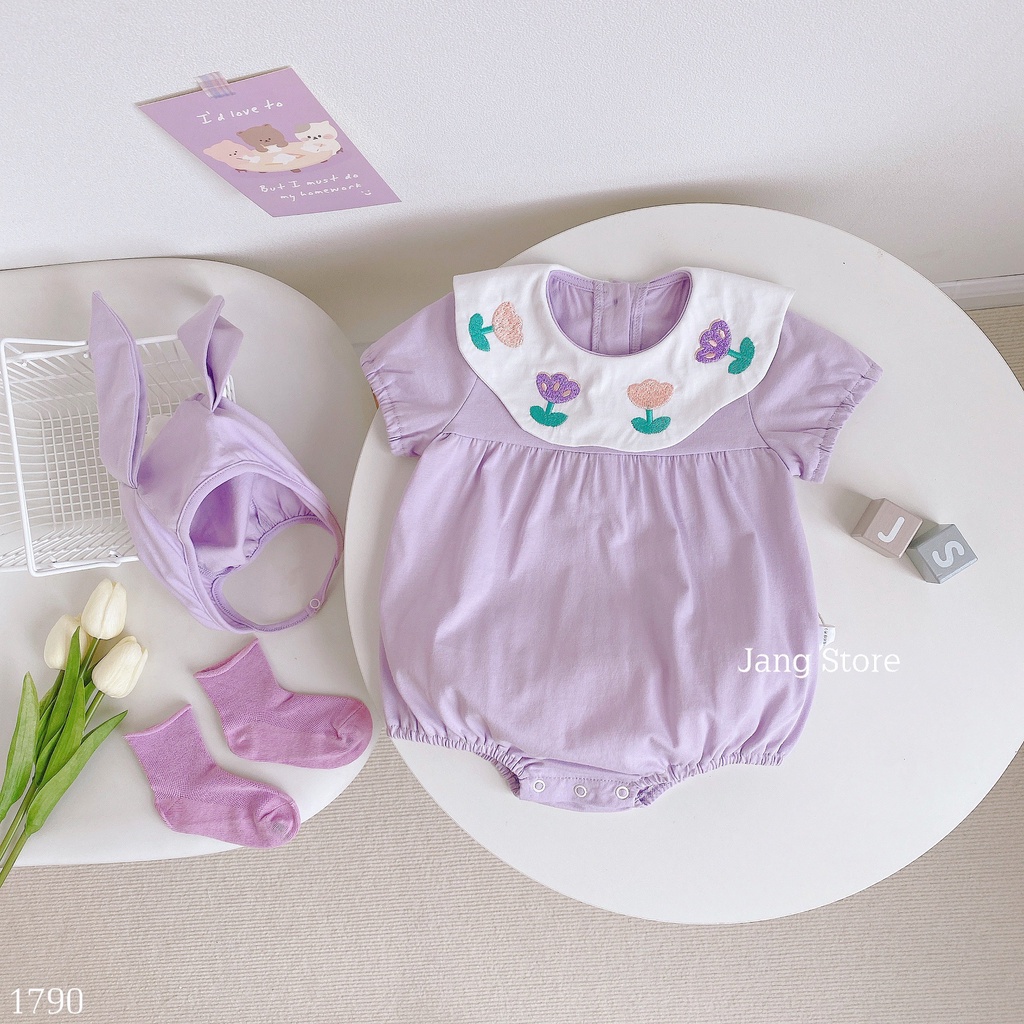 Set body tím cổ bèo thêu hoa tulip + mũ thỏ dễ thương cho bé gái 1790
