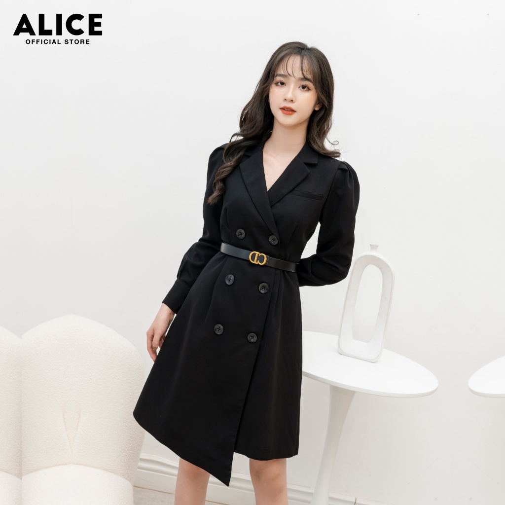 Váy Dài Tay Công Sở Màu Đen ALICE Thiết Kế Trẻ Trung Kèm Belt, Chất Liệu Mango Cao Cấp V726 | BigBuy360 - bigbuy360.vn