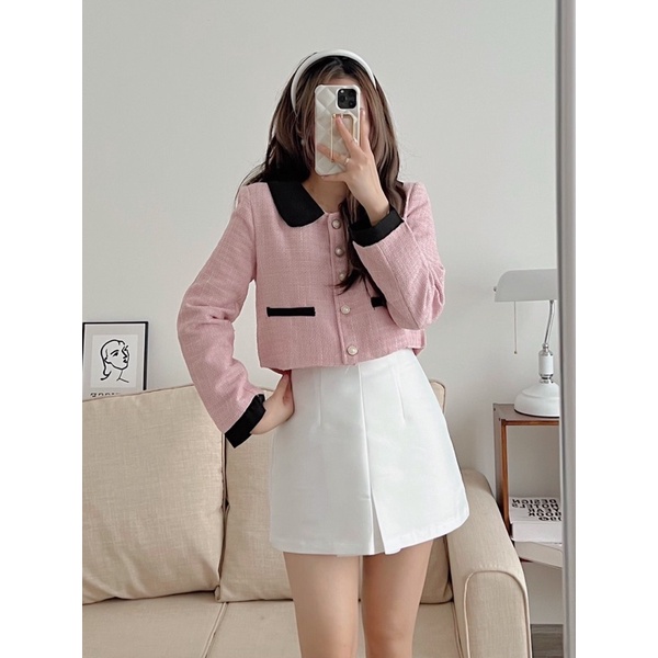 Áo dạ tweed dáng ngắn croptop dài tay 2 lớp phối cổ sen khoác ngoài đi làm công sở, đi chơi phong cách Hàn Quốc