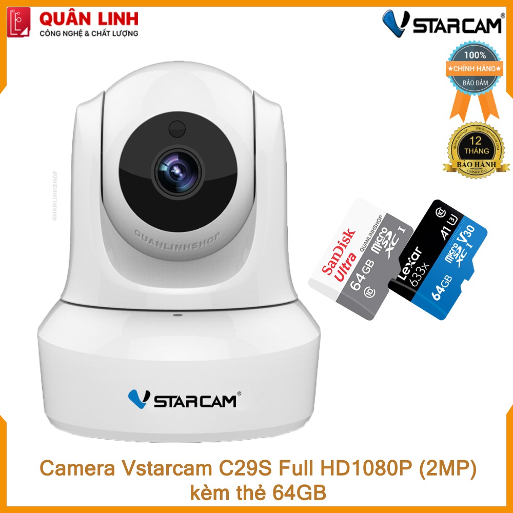 Camera IP Wifi hồng ngoại Vstarcam C29s Full HD 1080P 2MP màu trắng kèm thẻ 64GB Class 10