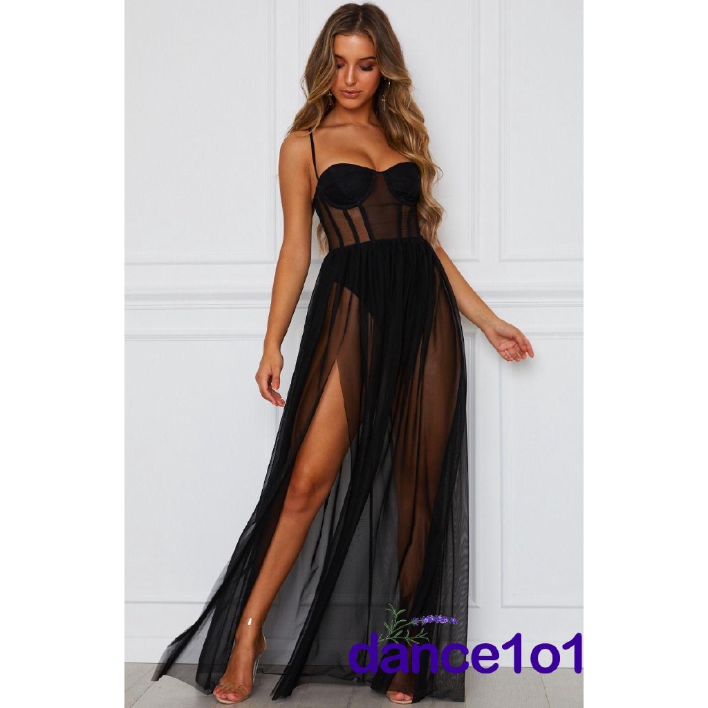 Đầm dài hai dây chất vải xuyên thấu phong cách quyến rũ