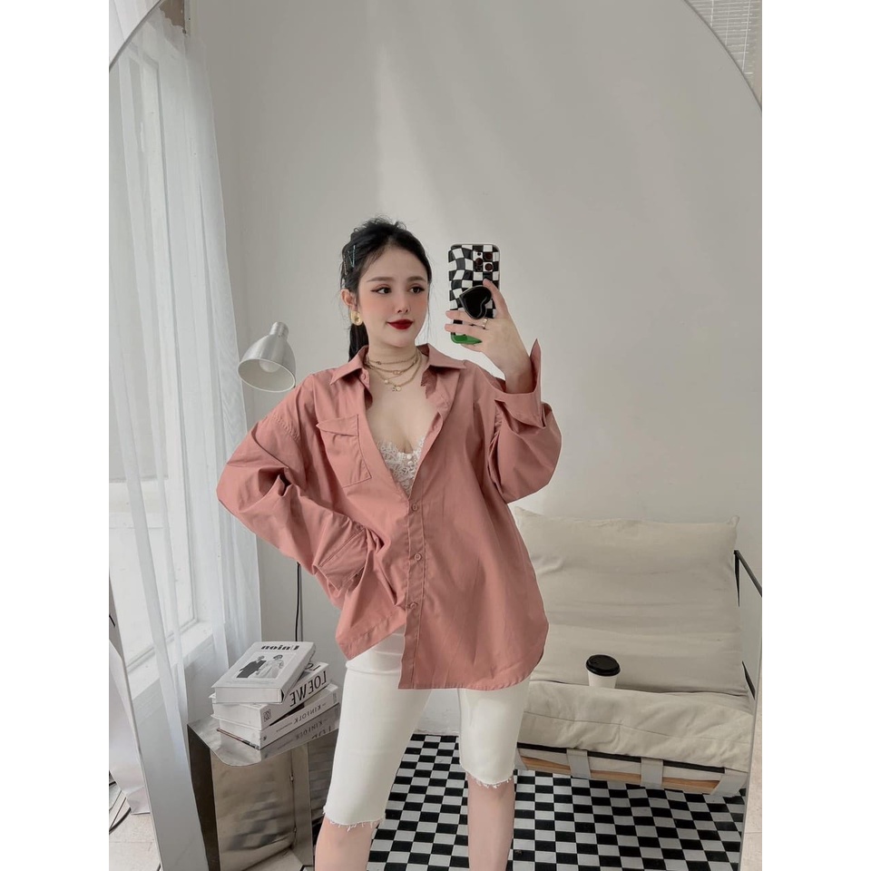áo sơ mi nữ Hồng - Trắng Cổ Lá bo tay dáng xuông | BigBuy360 - bigbuy360.vn
