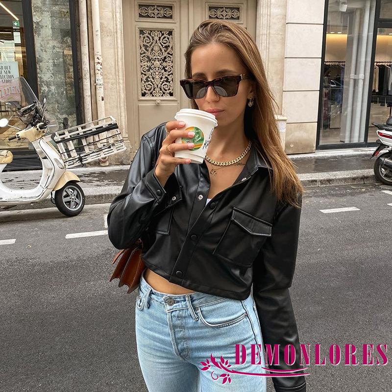 Áo khoác da phối nút thời trang cho nữ