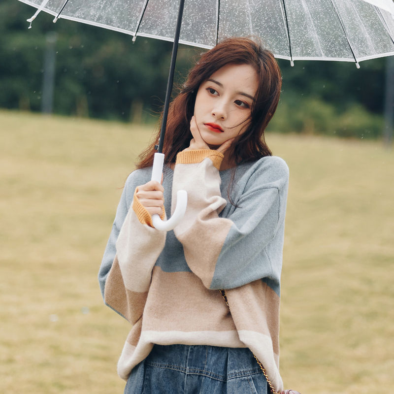 Áo len dáng rộng tay dài cổ tròn kẻ sọc cho nữ