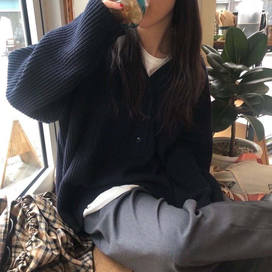 Áo sweater tay dài cổ chữ V dáng rộng phong cách Hàn Quốc thời trang mùa thu cho nữ