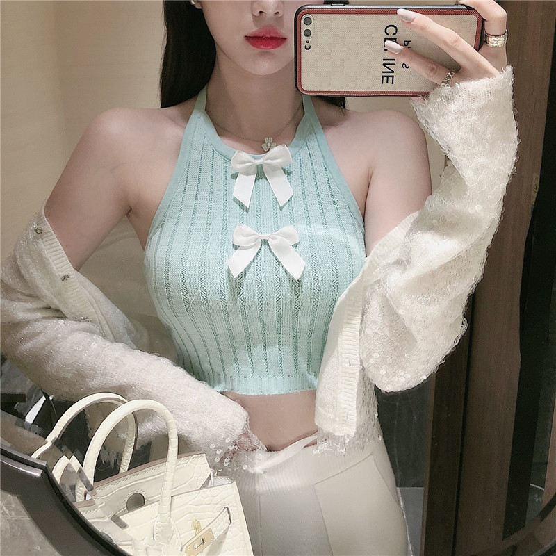 IELGY Áo Dệt Kim Hai Dây Thắt Nơ Ngắn Thời Trang Dành Cho Nữ