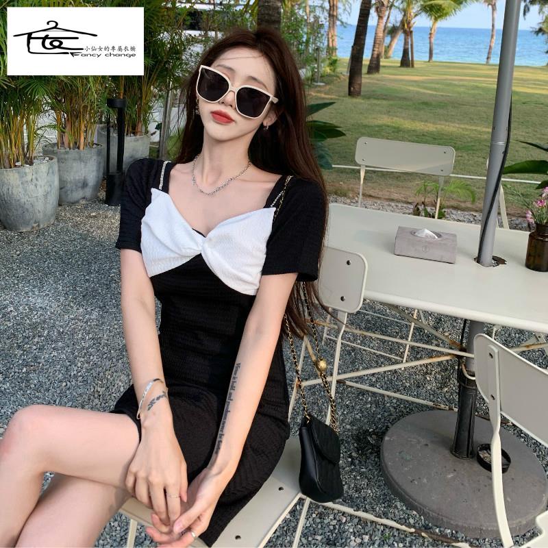 Đầm Ngắn Màu Đen Kiểu Pháp Đính Nơ Thời Trang Mùa Hè 2022 Cho Nữ