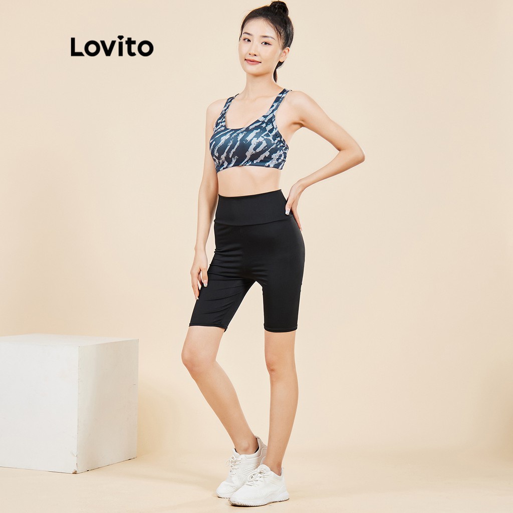 Áo ngực thể thao yoga Lovito trang trí họa tiết in đan chéo sau lưng L15X193 (Màu đen)