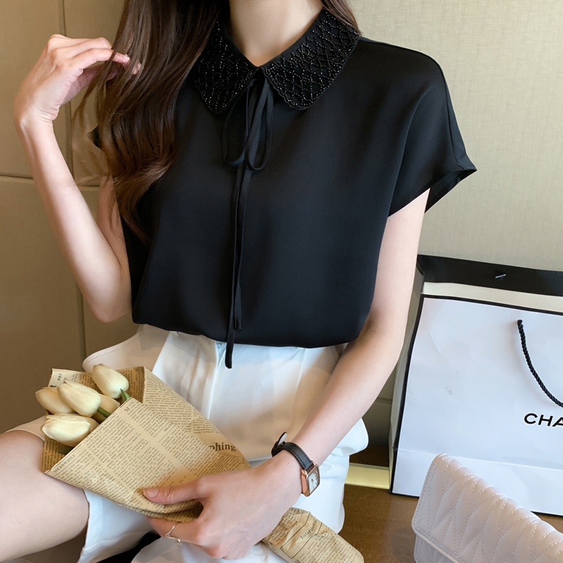 Áo Sơ Mi Tay Ngắn Cổ Búp Bê Đính Hạt Xinh Xắn Thời Trang Mùa Hè Cho Nữ