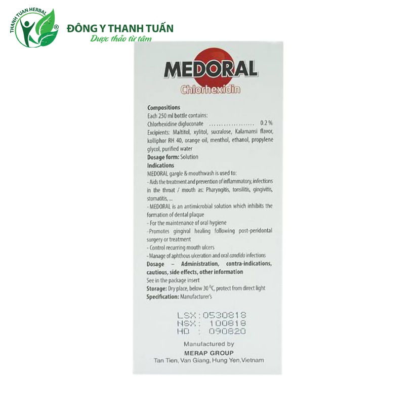 Nước súc miệng Medoral 250ml Merap - Hỗ trợ điều trị và ngăn ngừa viêm, nhiễm khuẩn họng, miệng (Chlorhexidine 250ml)
