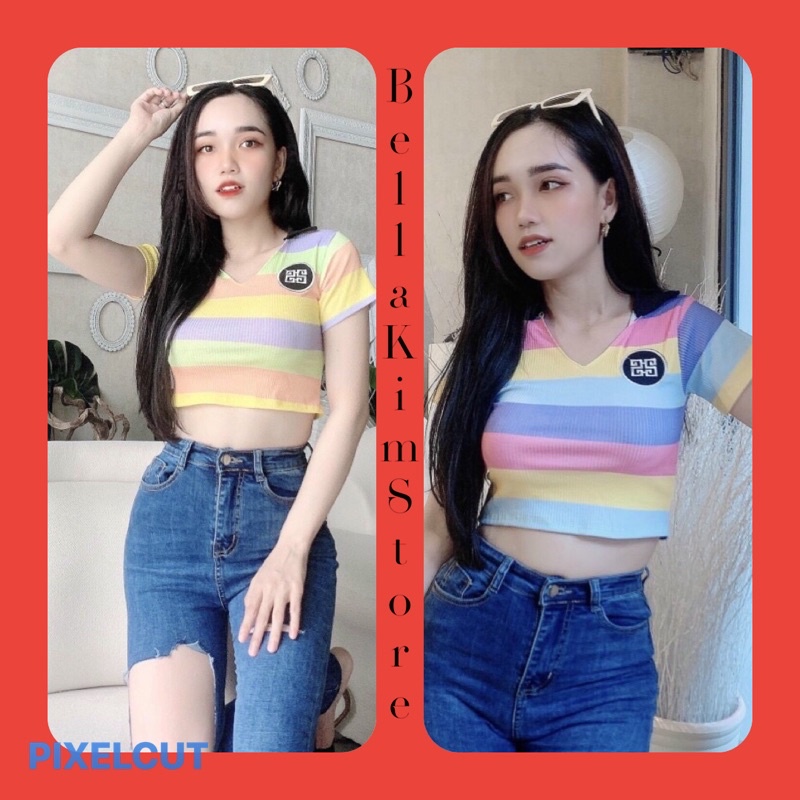 Áo kiểu croptop thun gân sọc màu Hàng y hình