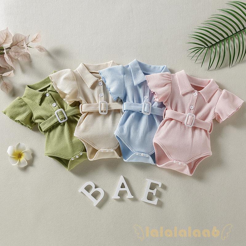 Bộ áo liền quần cổ bẻ tay áo cánh tiên màu trơn có thắt lưng đáng yêu dành cho bé