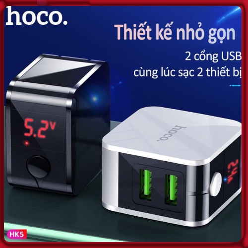 Củ sạc nhanh iphone - androi chính hãng Hoco HK5 Tự Ngắt Thông Minh Khi Đầy Pin ✔2 Cổng USB 2.4A đèn led đo thông số