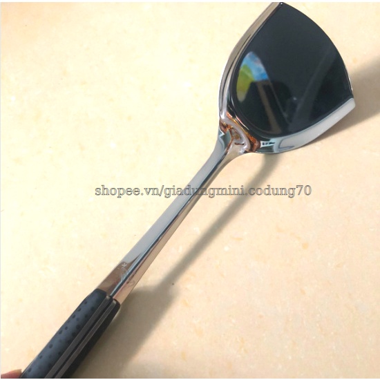 Xẻng Đặc Inox, Sạn Lật Chiên Xào Thức Ăn Inox Cán Nhựa Đen Cách Nhiệt Cao Cấp
