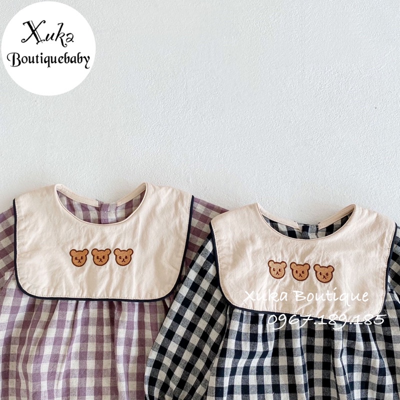 Bodysuit Dài Tay Kẻ Caro Cổ Yếm Thêu Gấu Bé Gái Cao Cấp - Body Chip Thêu Gấu Hàn Quốc