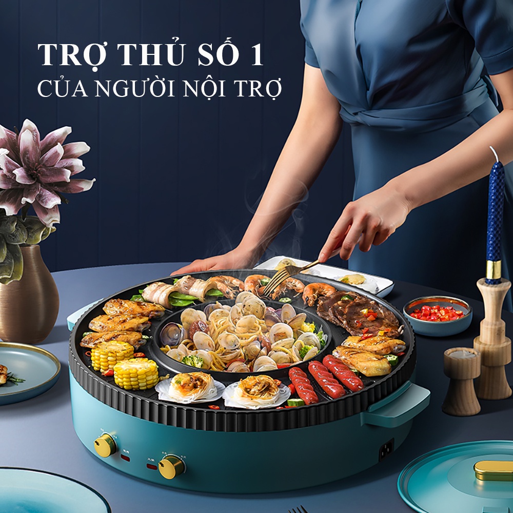 Nồi lẩu nướng 2 ngăn đa năng chống dính công nghệ Nhật, bếp nướng điện 2 trong 1 - Bảo hành 2 năm