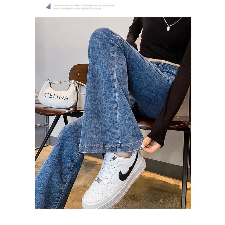 Quần Jean Dài Ống Loe Lưng Cao Phối Túi Cá Tính Cho Nữ