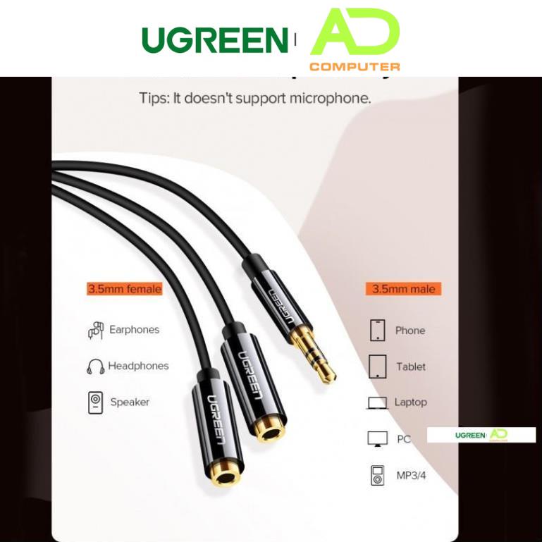 Dây cáp Audio 3.5mm UGREEN AV123 dài 20cm một đầu đực chia 2 cổng 3.5mm cái 2 tai nghe đầu nhôm - Hàng chính hãng