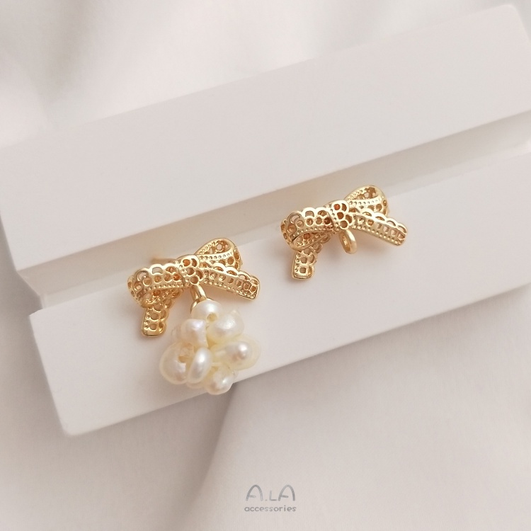 Một Cặp Bông Tai Bằng Đồng 14K Phối Ren Màu Vàng Đồng Hình Nơ Có Khuyên Tai S925 diy