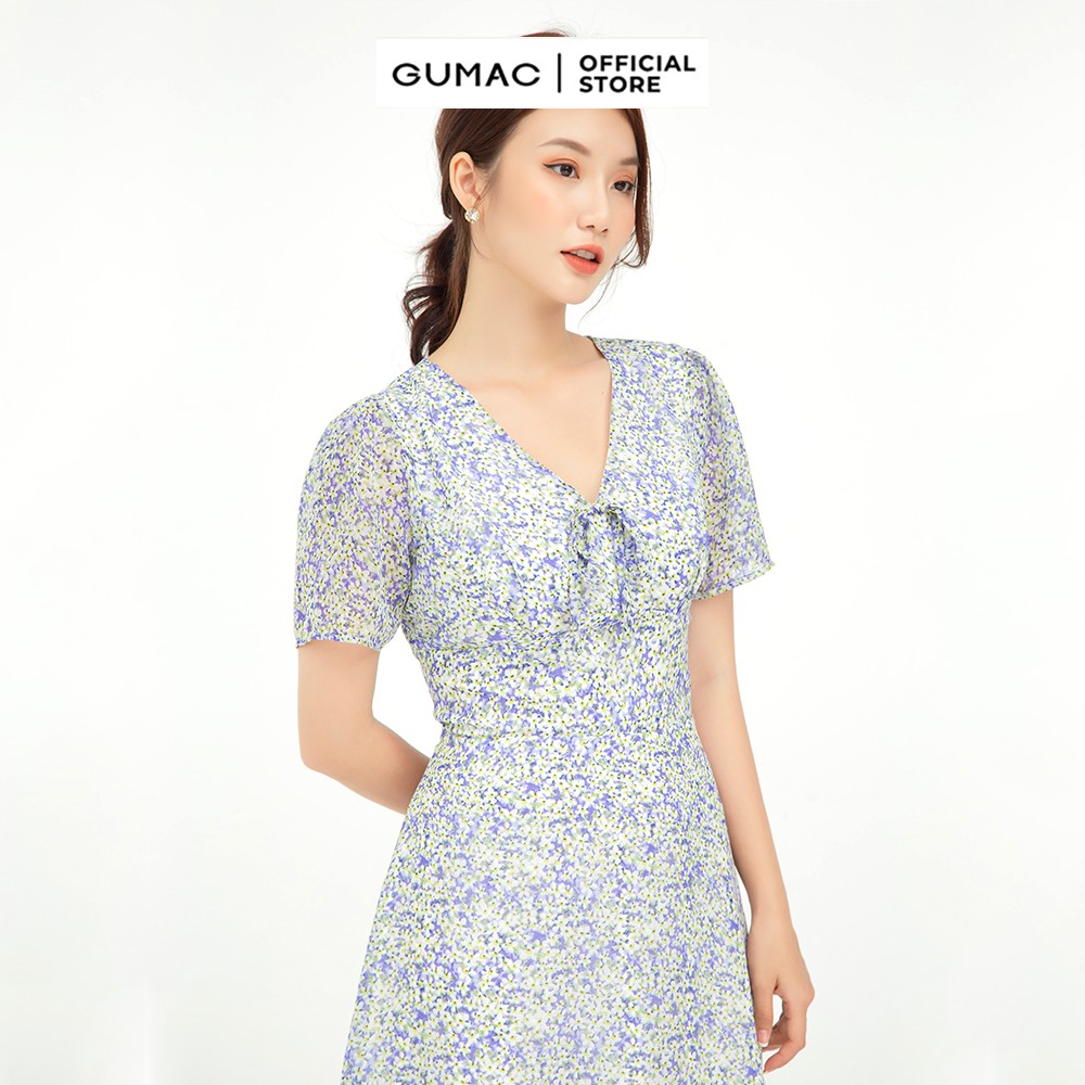 [Mã MABR07062 giảm 8% tối đa 50K đơn từ 249K] Đầm xòe nữ họa tiết hoa cổ V nơ tím GUMAC DB595 | BigBuy360 - bigbuy360.vn