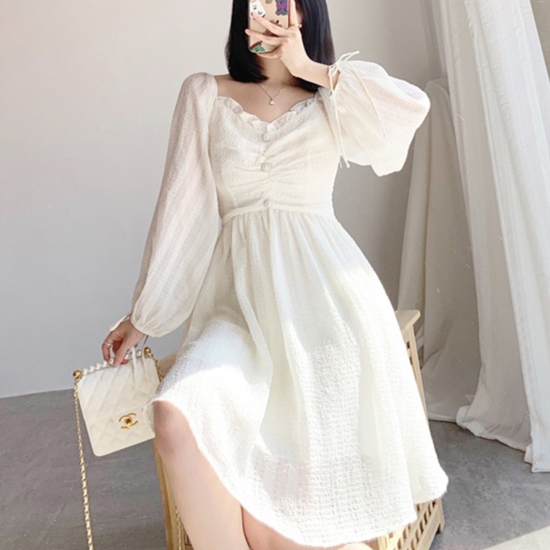 ĐẦM TRẮNG CÔNG CHÚA CÚC NGỰC TAY BO, VÁY TRẮNG KỈ YẾU / CÓ ẢNH CẬN CHẤT