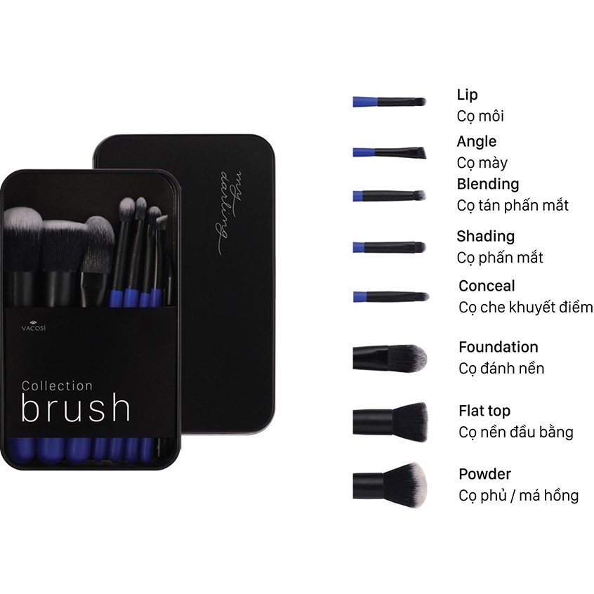 Hộp cọ trang điểm chuyên dụng dạng du lịch VACOSI MY DARLING 8 CÂY - BC24 - màu đen