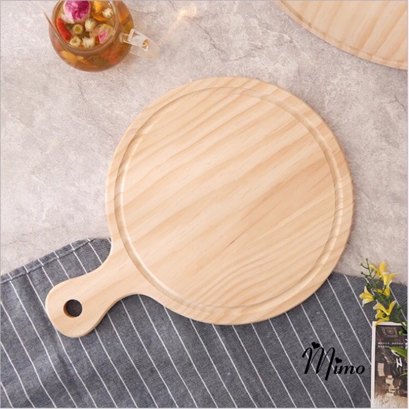 Thớt gỗ decor hình tròn có tay cầm phụ kiện trang trí, chụp ảnh, khay trà bánh, đựng pizza...2 kích thước lựa chọn