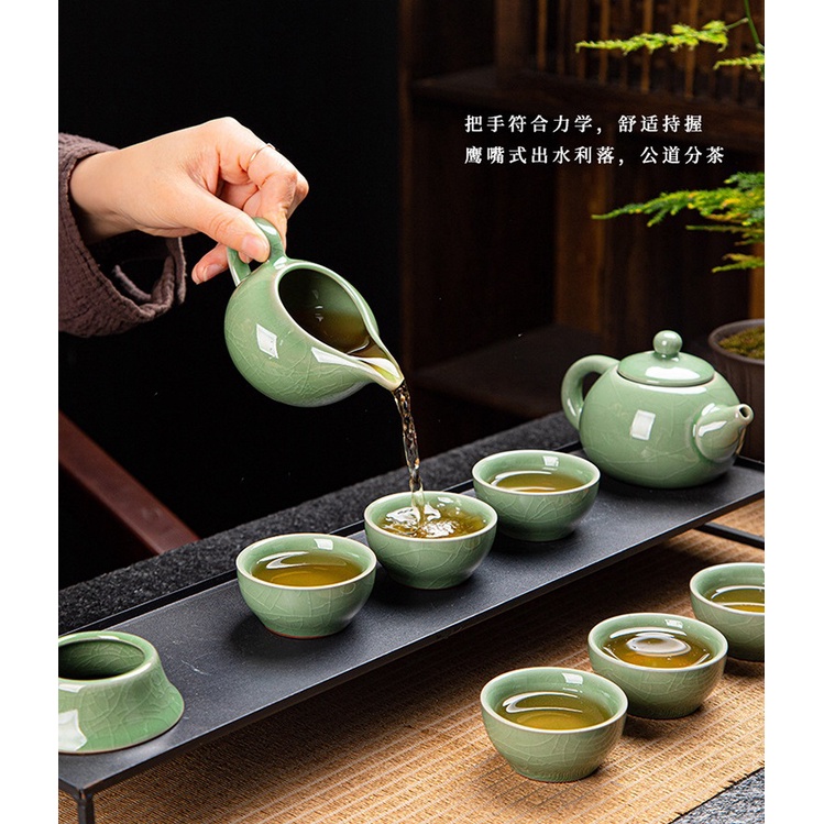 Bộ ấm chén sứ pha trà đạo men rạn xanh ngọc cao cấp