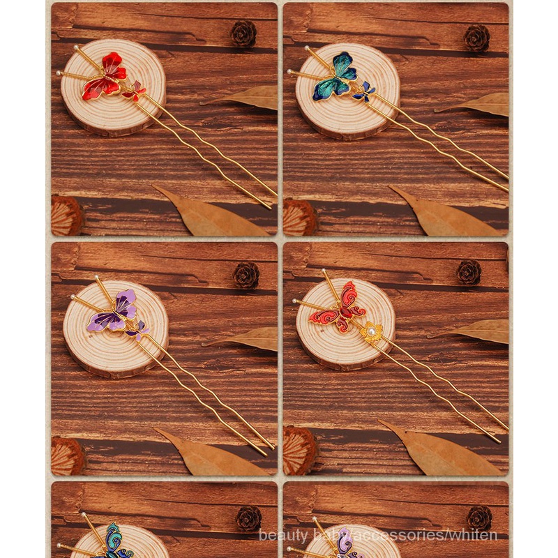 Cặp trâm cài tóc đính hạt hình bướm màu xanh dương phong cách Trung Hoa linh hoạt cổ điển thời trang mùa xuân