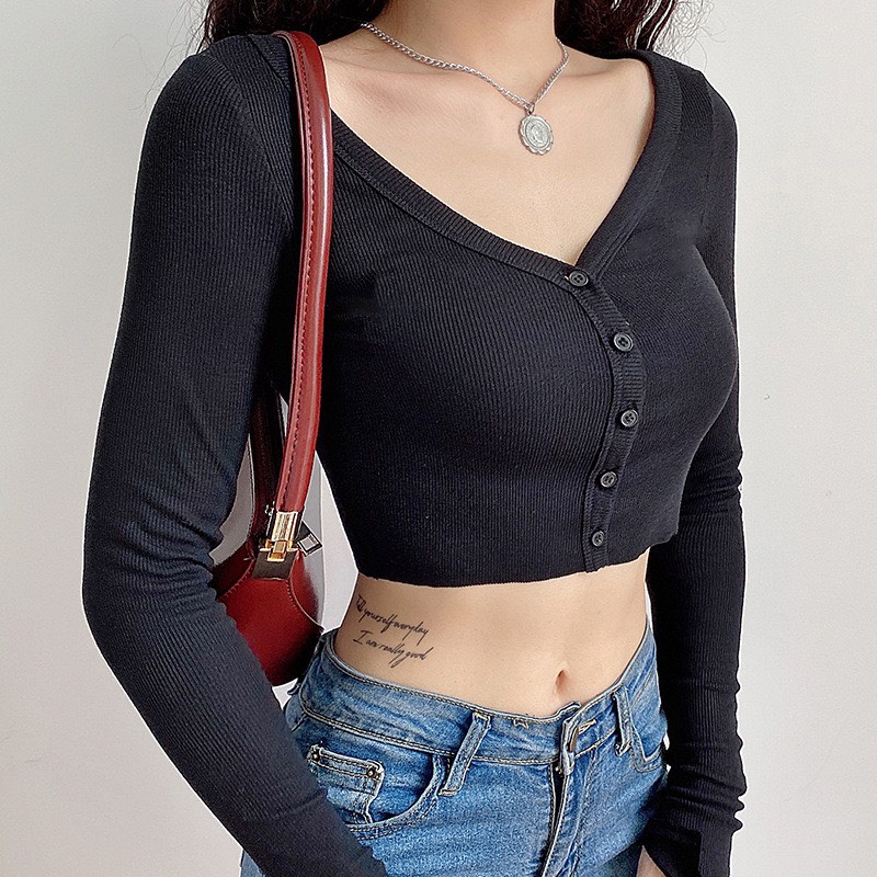 Áo Croptop Nữ Gân Tăm, Áo Tay Dài Xẻ Tà Cài Nút -Chuẩn fom thêm phần cá tính_Phuongshop1812