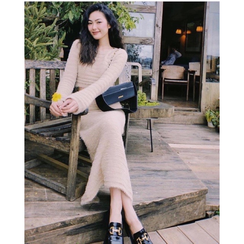 Set len lông thỏ Áo croptop kèm chân váy dài