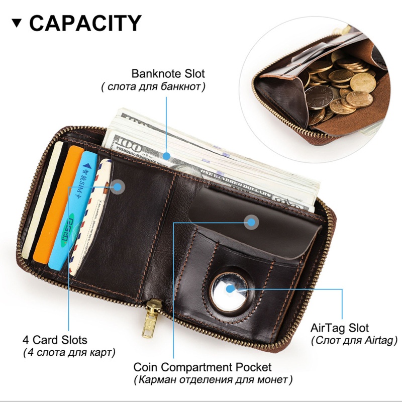 Youyo Ví Da Bò Nhiều Ngăn Đựng Thẻ Có Khóa Kéo Giản Dị Retro Chống Thất Lạc wit